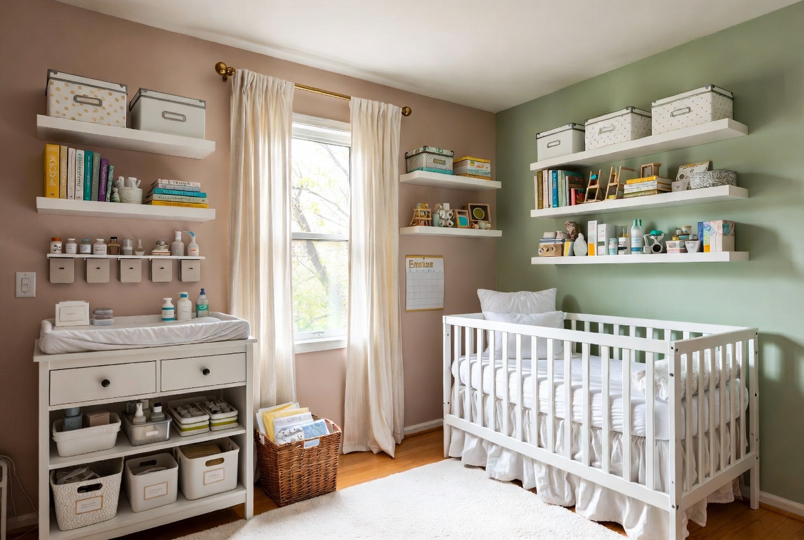 Quarto de bebê organizado, com prateleiras, berço branco e ambiente em tons de rosé e verde sálvia